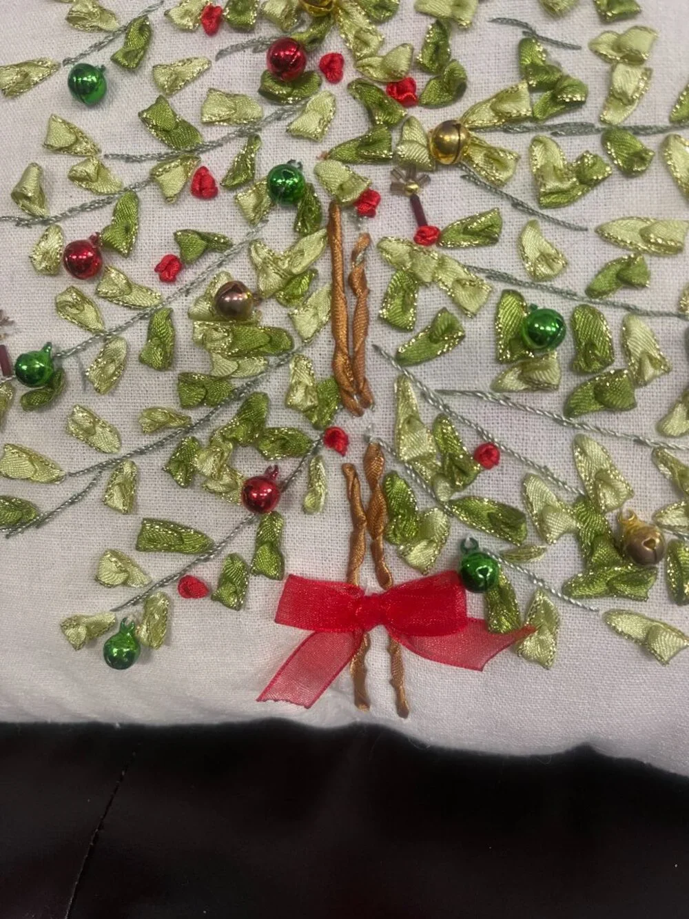 Christmas Tree Ribbon Embroidered Beaded Holiday Accent Pillow 10x10